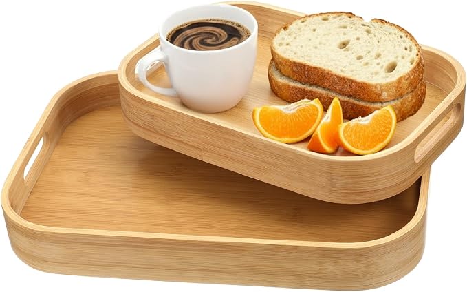 2 Pack Bamboo Serving Trays with Handles, 15.7" L x 11" W /13" L x 9.6" W, Arc Angles Solid Bamboo Serving Tray, Portable Decorative Tray for Kitchen Counter Eating Food Tea Coffee Bar Parties