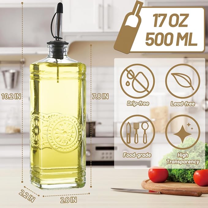 1-Pack Glass Olive Oil Dispenser 500ML/17OZ, Rectangular Vinegar Bottle with Stainless Steel Pourer, Brush, Funnel, Label (Sunflower)