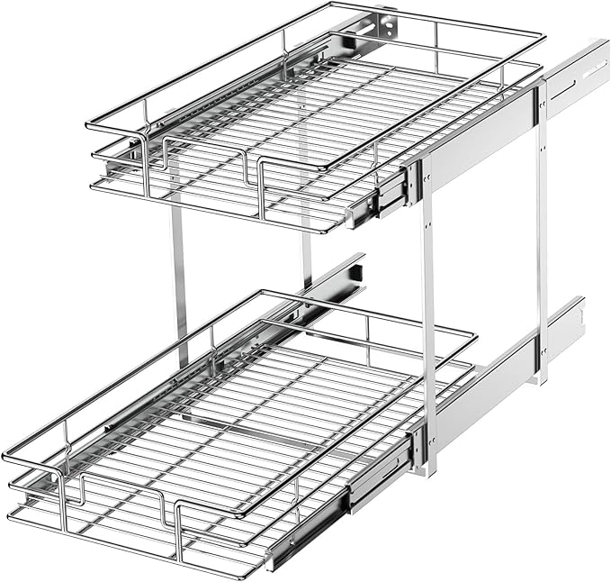 LOVMOR 2 Tier Individual Pull Out Cabinet Organizer 12½" W x 21½" D, Slide Out Kitchen Cabinet Storage Sliding Shelves