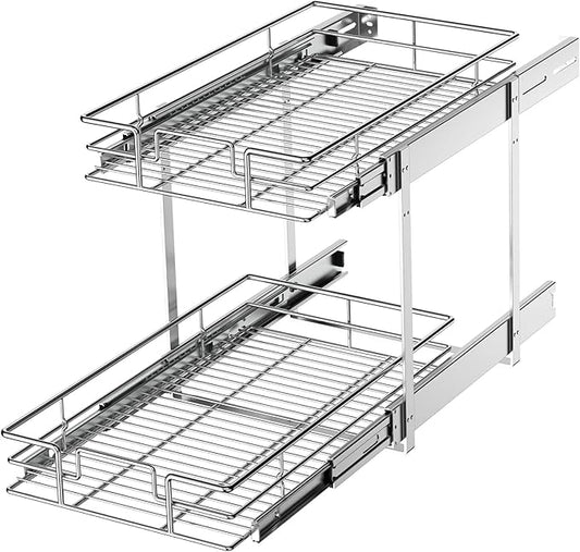 LOVMOR 2 Tier Individual Pull Out Cabinet Organizer 12½" W x 21½" D, Slide Out Kitchen Cabinet Storage Sliding Shelves