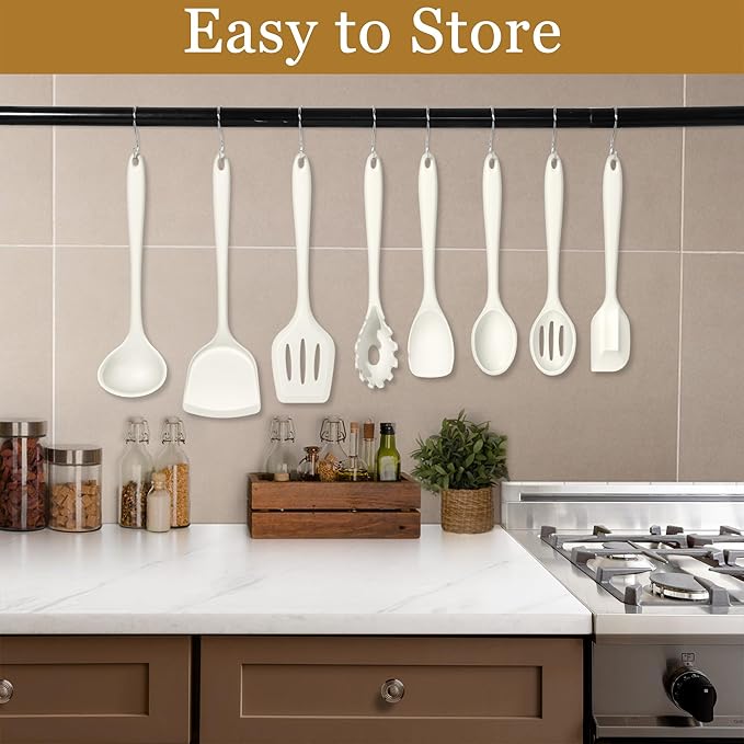 LIANYU 8Pcs Kitchen Cooking Utensils Set, Silicone Utensil Sets, Heat Resistant Kitchen Gadgets Essentials for Nonstick Cookware with Spatula, Spoon, Tuner, Ladle, Dishwasher Safe, White