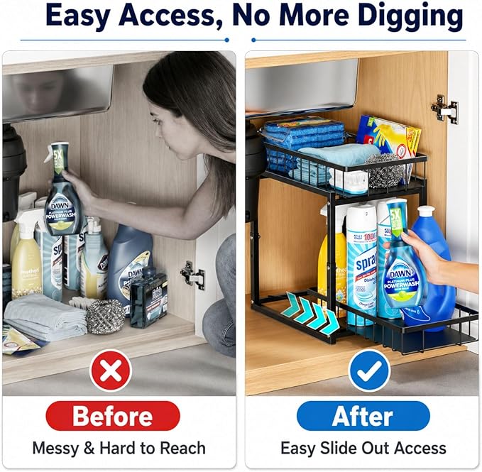 iSPECLE Under Bathroom Sink Organizer - 2 Pack 2 Tier Pull Out Under Kitchen Sink Storage for Centered Garbage Disposal, Reach Back Items Easily Adjustable Shelf Height Heavy Duty H-Frame, Black