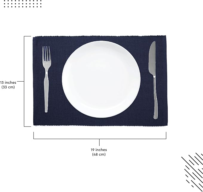 Encasa XO Dining Placemat Set of 6 | Solid Navy Blue Color | Fine Ribbed Cotton Table mat | Size 19x13 in | Machine Washable
