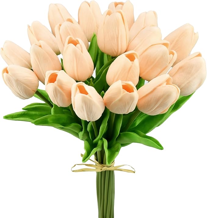 Mandy's Champagne Artificial Tulips Flowers Centerpiece, 13.5" Lifelike PU Fake Floral Stems 20pcs for Kitchen Island & Dining Table, Spring Decor for Easter
