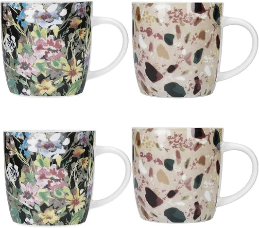KitchenCraft Terrazzo Floral Set of 4 Stoneware Barrel Coffee Mugs 425ml
