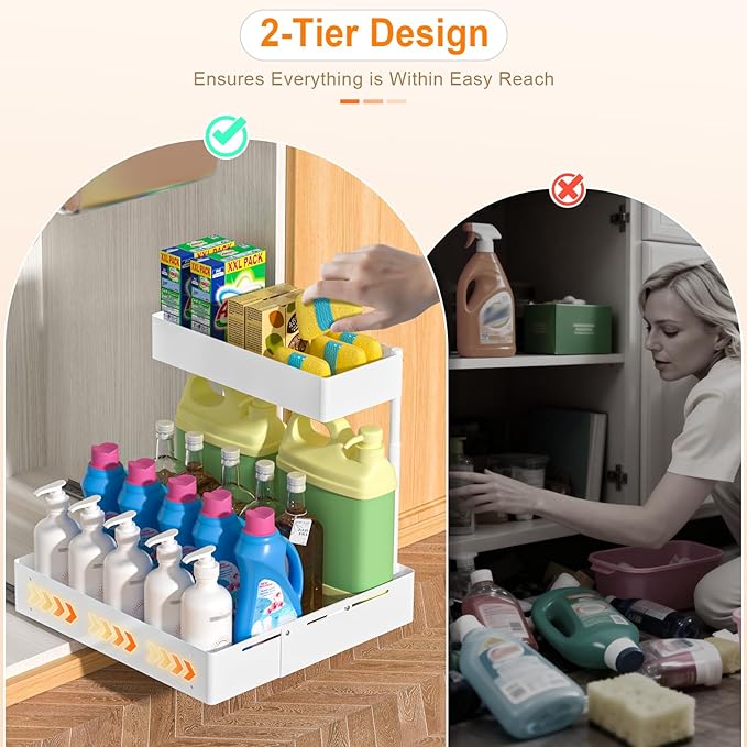 YJHome 2 Pack Expandable Under Sink Organizer, 2 Tier Pull Out Cabinet Organizer with Smooth Ball Bearing Slides, Adjustable Height Cabinet Storage Shelves for Kitchen, Bathroom, Laundry, Pantry