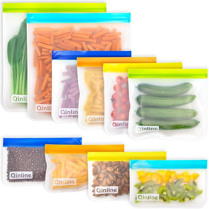 Qinline Reusable Food Storage Bags - 10 Pack Freezer Bags, Reusable Bags Silicone, Extra Thick Leakproof Reusable Lunch Bag for Salad Fruit Snack Travel - 2 Gallon 4 Sandwich 4 Snack Bags