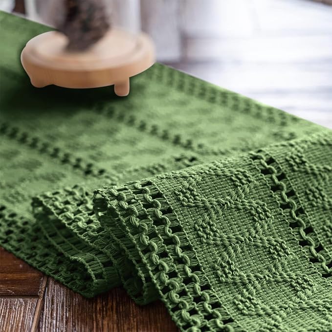 Macrame Table Runner Green Boho Table Runners with Tassels Hand Woven Cotton Table Runner Rustic Farmhouse Table Runners for Bohemian Kitchen Dining Table(12x108in)