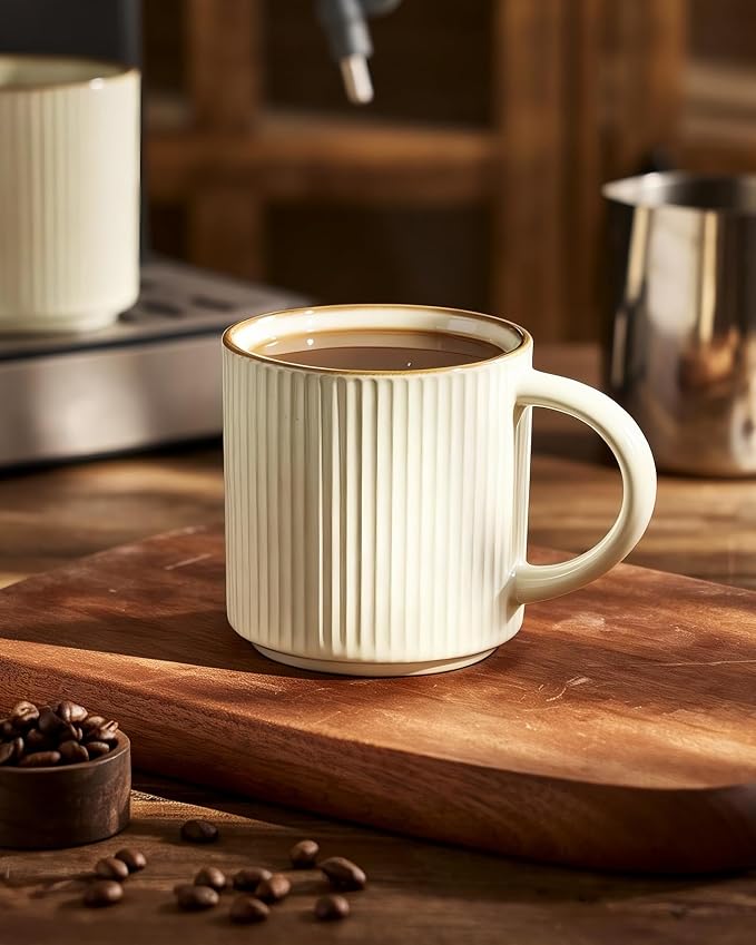 famiware Coffee Mug Set for 4, Star 12 oz Catering Mugs Cup Set with Handle for Coffee, Tea, Cocoa, Milk - Ceramic Stoneware Drinkware Set, Vanilla White