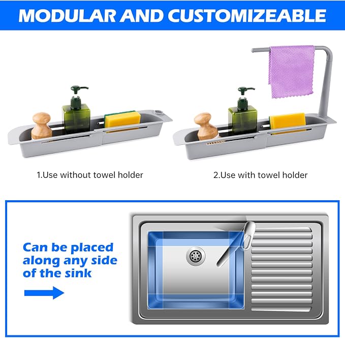 NiHome Telescopic Kitchen Over Sink Organizer with Towel Hanger, Expandable Slim Drain Basket Multifunctional Caddy Adjustable Length Colander Rack Sponge Holder Storage Tray for Home Bathroom (Grey)