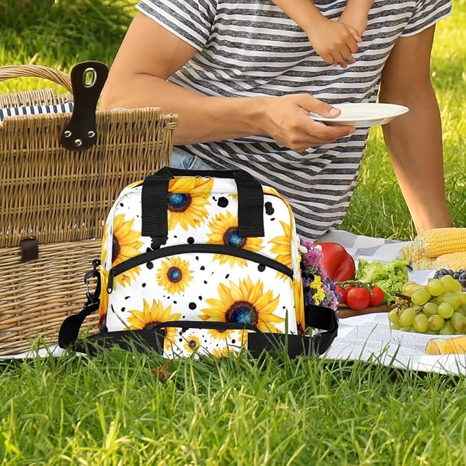 Pattern Yellow Sunflowers Insulated Lunch Bag for Women Men Reusable Lunch Box Cooler Bag Large Leakproof Lunch Tote with Adjustable Shoulder Strap for Adult Work Picnic Camping Beach Office