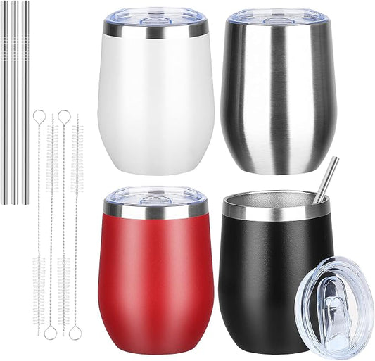 MEZMUT 12 Oz Insulated Wine Tumbler with Lid Double Wall Vacuum Stainless Steel Wine Glass Coffee Mug Insulated Tumbler Cup for Champaign, Cocktail, Beer (Multi-color, 4 Pack)