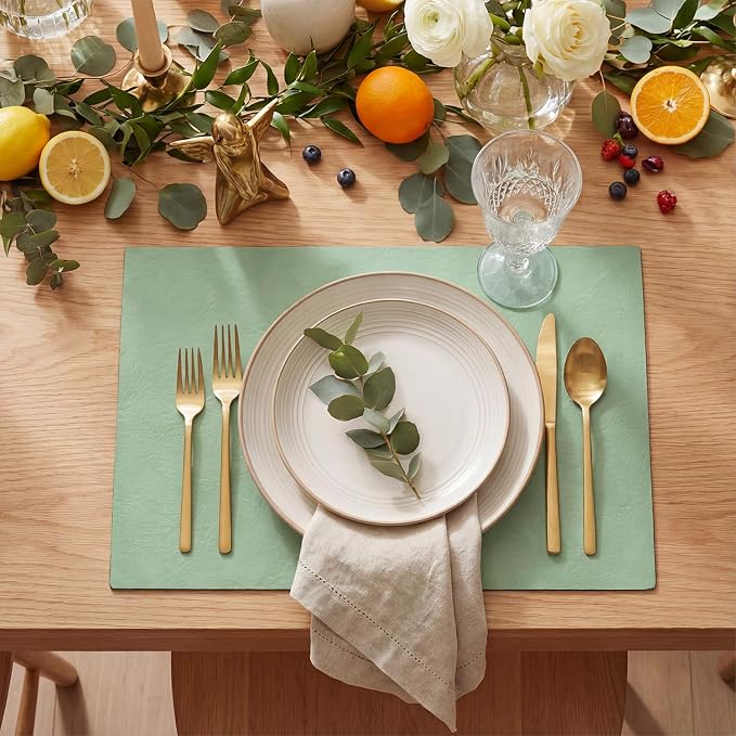 Artoid Mode Sage Faux Leather Placemats Set of 4, 12x18 Inch Waterproof Wipeable Heat Resistant Vinyl Place Mats, Reversible Table Mats for Spring Kitchen Dining Decor