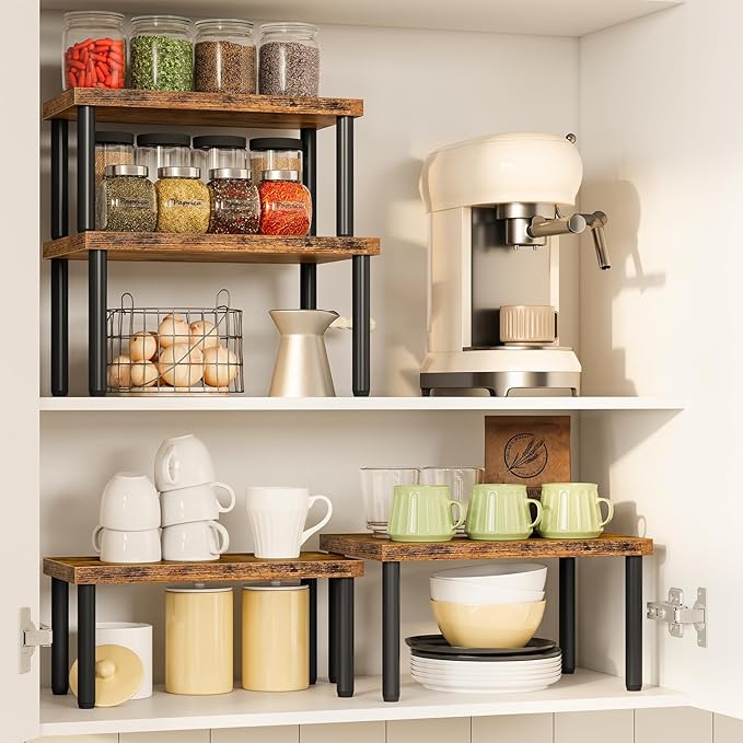 HOOBRO Cabinet Organizer Shelf, kitchen countertop organizer, Kitchen Storage, Spice Rack for cabinet, Stackable, Expandable, for Countertop,kitchen,cabinet, Rustic Brown BF15TL01