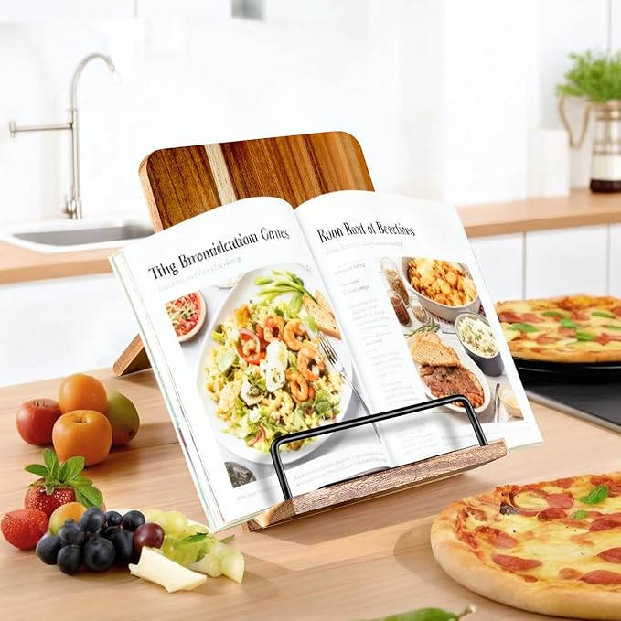 Acacia Wood Cookbook Stand for Kitchen Counter - Adjustable Recipe Book Holder & Tablet Stand - Heavy Duty Hands-Free Bookstand for Large Cookbooks, iPad & Bible - Rustic Farmhouse Decor