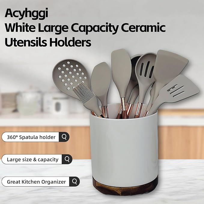 White Large Capacity Ceramic Utensils Holders Acacia wood rotatable base kitchen utensil crocks Countertop Multi-Purpose Organizer