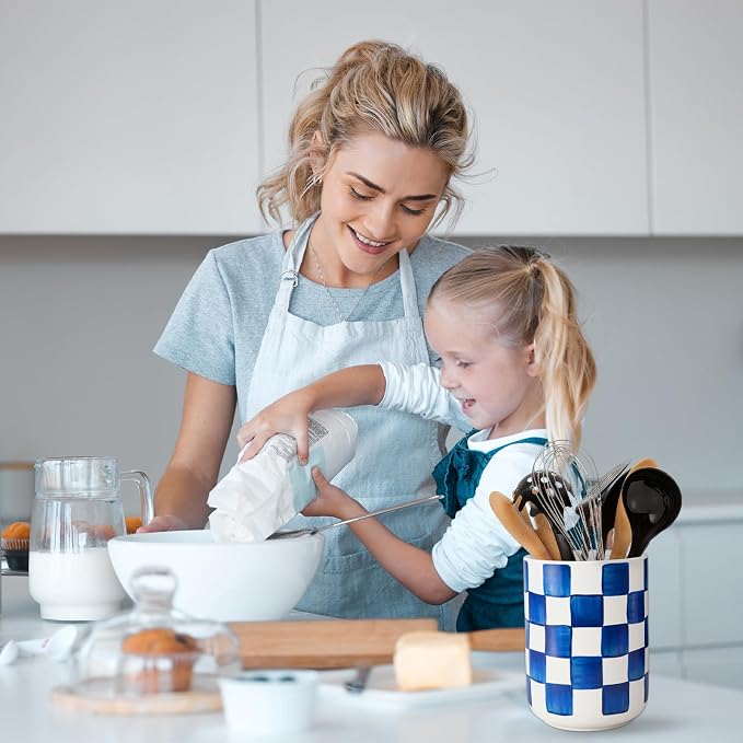 JarThenaAMCS Kitchen Utensil Holder 6.3 Inch Checkered Ceramic Cooking Utensil Holder Modern Watercolor Blue White Plaid Utensil Crock for Home Kitchen Countertop Storage Organizer Container
