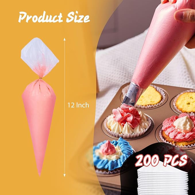 Volokitx 200-Pack 12 Inch Piping Bags, Disposable Icing Bag, Tipless Piping Bags for Royal Icing, Anti-Burst Pastry Bags for Cake, Pastry & Cookie Decorating