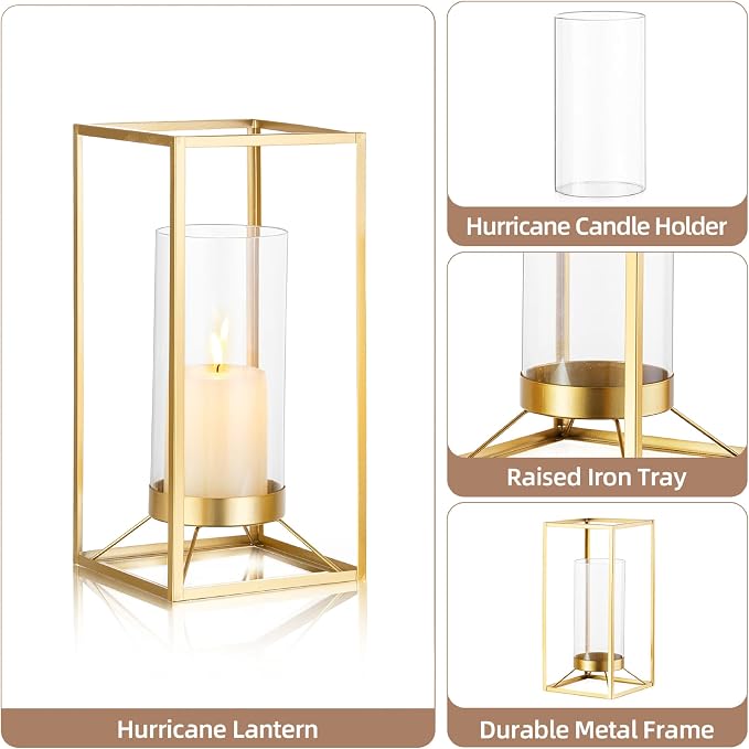 Gold Lantern Decorative Indoor: Set of 2 Wedding Lanterns with Hurricane Glass Modern Candle Holder for Table Centerpiece Fireplace Mantles Kitchen