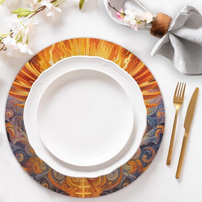 Round Placemats Set of 6, Phoenix Fire Flame Ethnic Pattern Woven Placemats Mats Non-Slip Heat Resistant Washable Table Mats Round Braided Place for Farmhouse Kitchen Dining Party Decor 15in