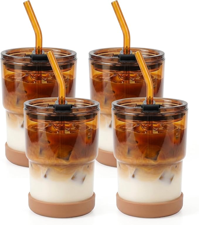 13 Oz Glass Cups with Lids and Straws, Reusable Iced Coffee Water Tumblers, Sealed Carry-On Thick Wall Drinking Cups for Cold Brew, Smoothie,Juice (4 Pack-Amber)