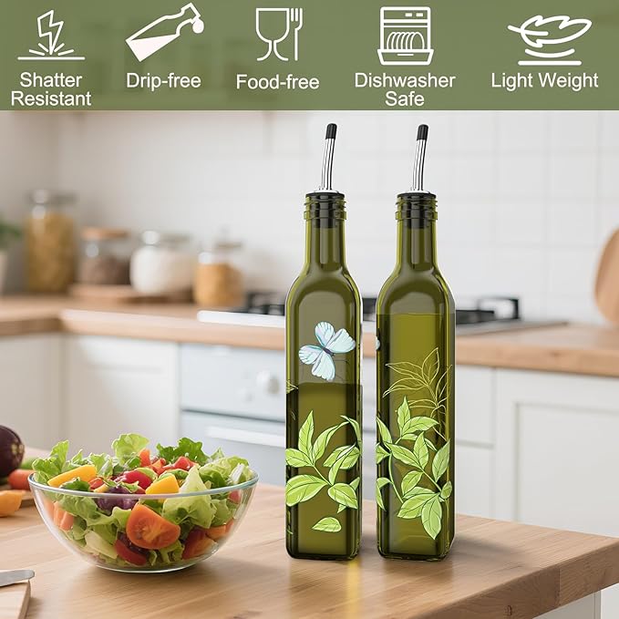 COOLMI Oil and Vinegar Dispenser Set - 17oz/500ML Premium Glass Olive Oil Dispenser Bottles for Kitchen, Oil Dispenser for Kitchen (Butterfly)