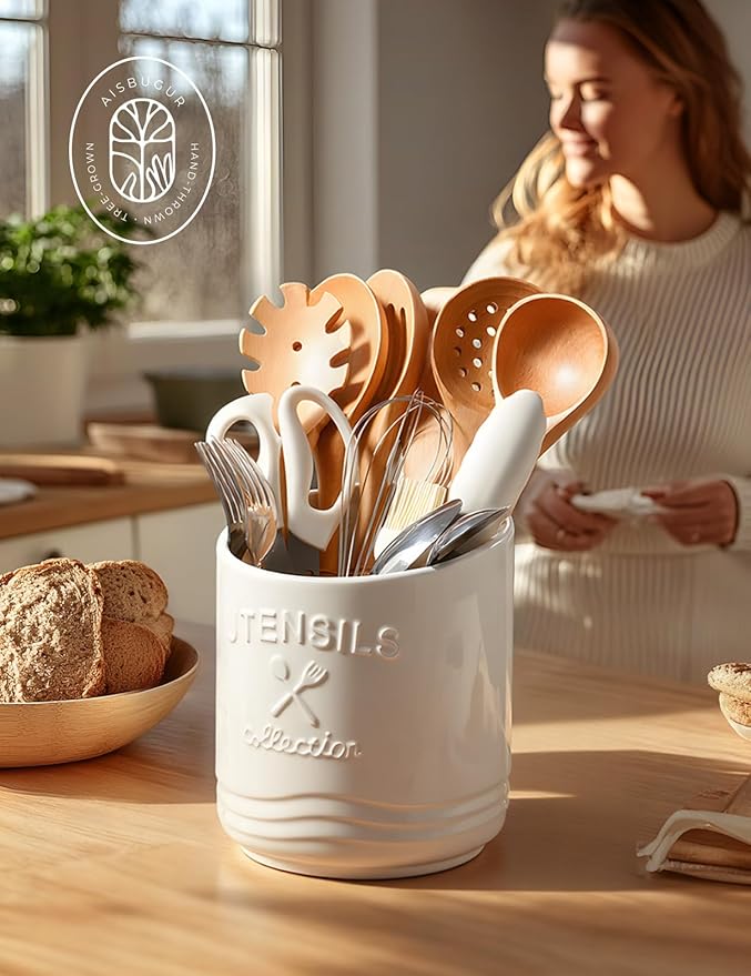 AISBUGUR Large Ceramic Utensil Holder: 7.5" H×6.3" W with Slanted Mouth - Utensil Crock with Non-Slip Cork Base for Kitchen Counter, Ideal for Decor & Gift,white utensil holder