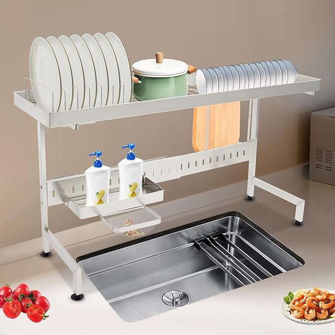 Over The Sink Dish Drying Rack, Stainless Steel Storage Shelf Kitchen Organizer Dish Drainer for Pots Pans Cups Bowls, L34.7*W10.2*H19.7in, Silver