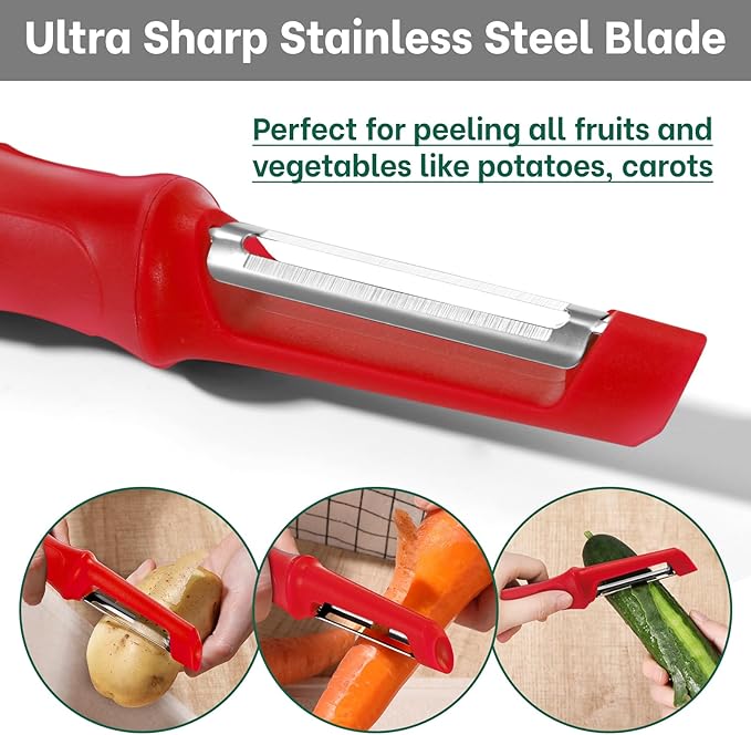 Beneno Swivel Vegetable Peeler, Razor-Sharp Smooth Peeling Potato Peelers with Stainless Steel Blades, Ergonomic Comfort Non-Slip Rubber Handle, Kitchen Peelers with Potato Eye Remover (2, Red)