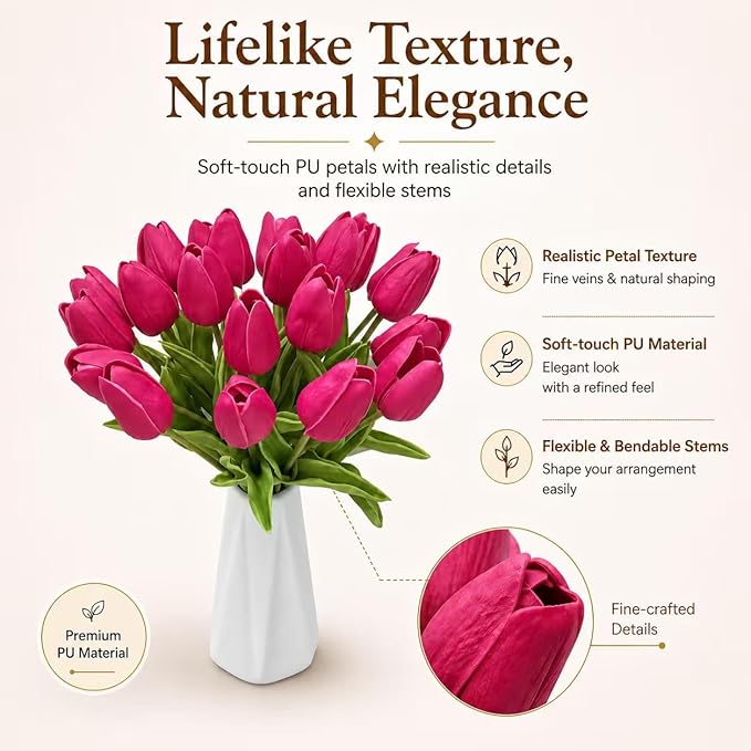 Mandy's Hot Pink Artificial Tulips Flowers Centerpiece, 13.5" Lifelike PU Fake Floral Stems 20pcs for Kitchen Island & Dining Table, Spring Decor for Easter