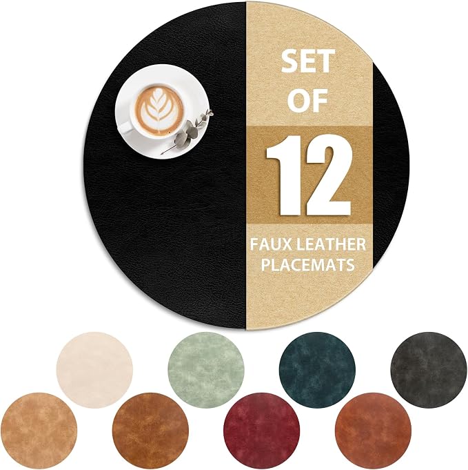 ADRIMER Placemats, Heat Resistant Round Placemats Set of 12 Washable, Waterproof Table Mats, Wipeable Faux Leather Place Mats for Kitchen, Dining Room, Black