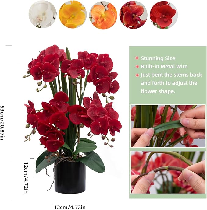 CXGS Artificial Orchid Flower Plants Real Touch Faux Orchids in Ceramic Vase 20.9'' Red Phalaenopsis Orchid Fake Flower Arrangement Home Indoor Decor