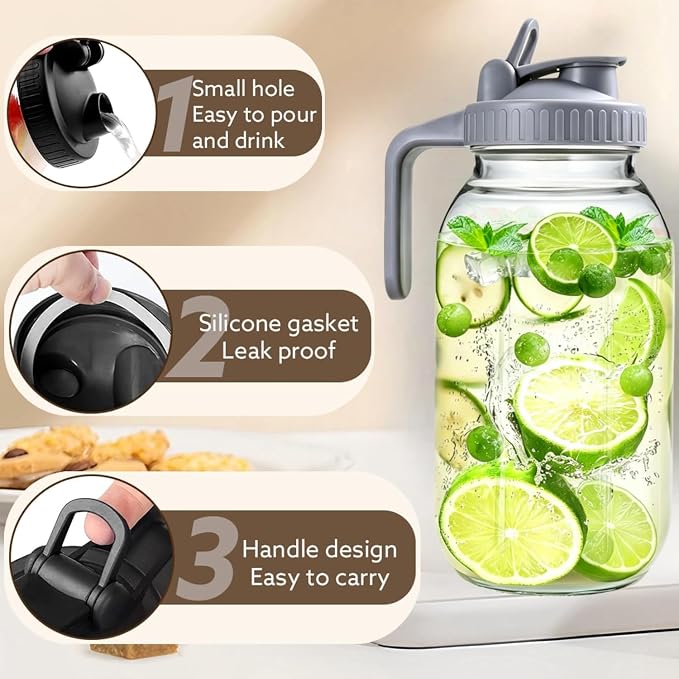 2 Pack 64 oz Glass Pitcher With Lid, Mason Jar Pitcher, 2 Quart Breast Milk Pitcher Jug with Flip Cap Leak Proof, Glass Sun Tea Jar for Ice Tea, Cold Brew Coffee, Breast Juices