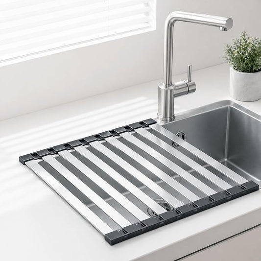 Roll Up Dish Drying Rack Over The Sink, Stainless Steel Collapsible Dish Drainer Rack for Kitchen Sink, Non-Slip Heat Resistant Space Saving Sink Drying Rack, 17.7" x 12.8"