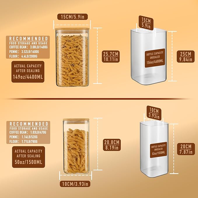 D2scrma 149oz 50oz Airtight Glass Square Storage Canister with Bamboo Lid Set of 2(4400ml*1 1500ml*1) Large Gallon Glass Jars for Sugar, Flour, Cookies and Coffee beans (‎with Black Lable)