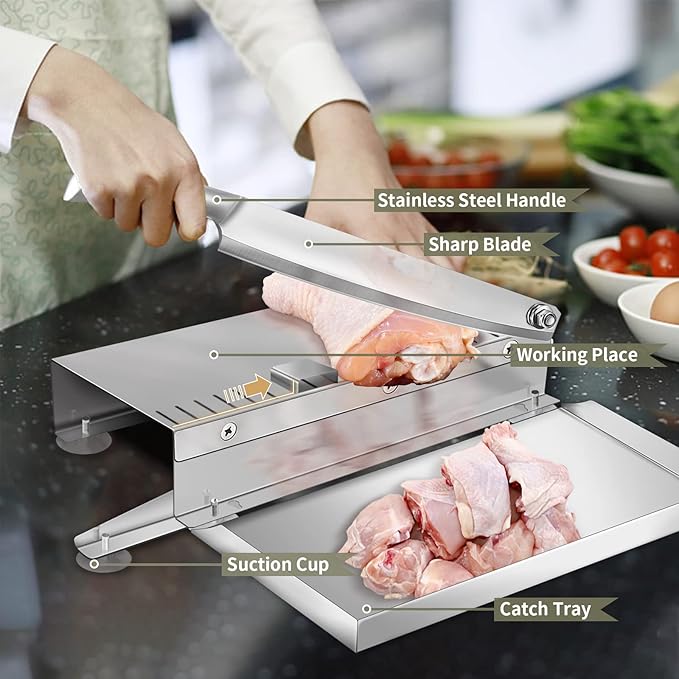 Meat Slicer Bone Cutter 20in，Manual Ribs Chopper for Chicken Fish or Beef，Stainless Steel Frozen Meat Slicer with Food Tray