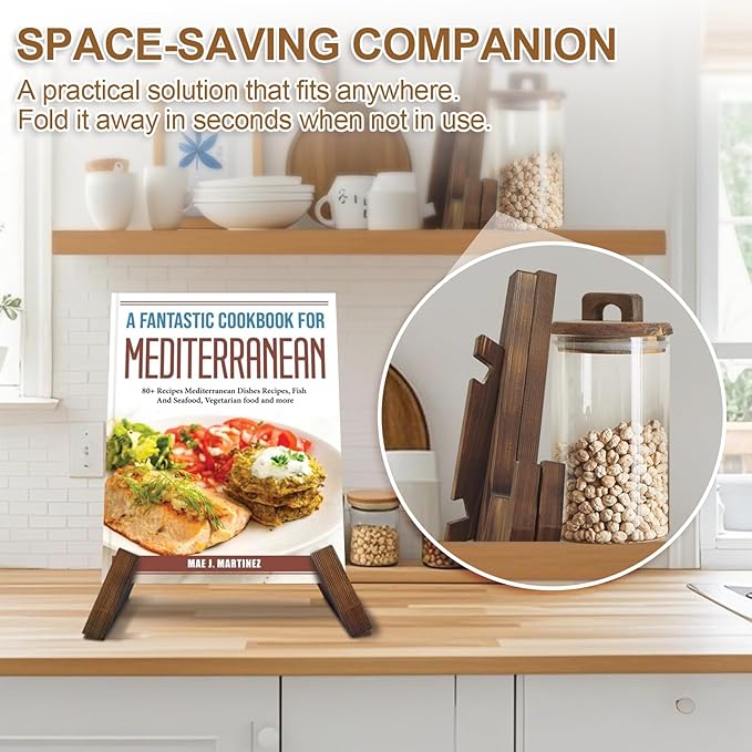 Wooden Cookbook Stand for Kitchen Counter, Rustic Recipe Book Holder, Cook Book Stand for Cooking, Farmhouse Book Display Stand for Cookbook, Tablet, Magazine, Kitchen Decor Gift for Mom