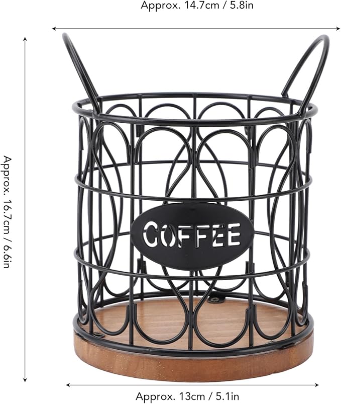 Large Capacity Modern Coffee Basket Coffee Pod Basket Decorative Round Wire Coffee Capsule Holder with Wooden Base for Cafe Kitchen Countertop (Black)