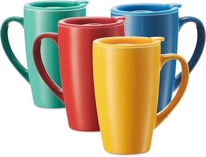 Godinger Insulated Mug Set with Lids - 16oz, Set of 4, Hot Beverage Cups for Coffee, Tea On The Go