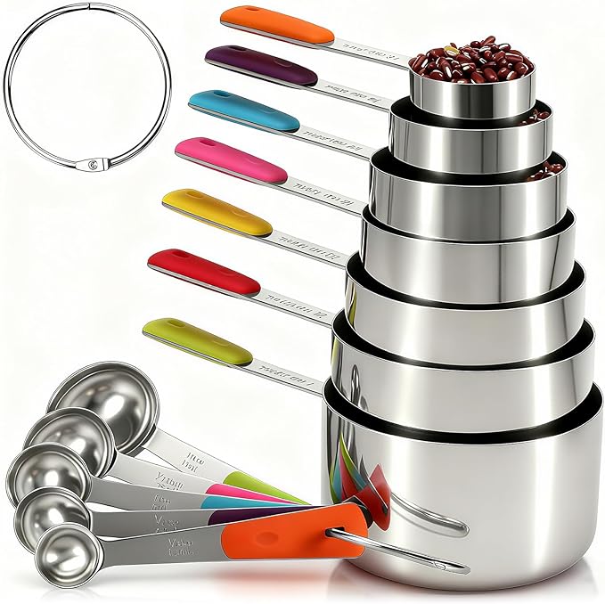 Bopei Measuring Cups and Spoons Set Stainless Steel 12 Piece for Cooking and Baking (7 Cups + 5 Spoons, Colorful Handles)