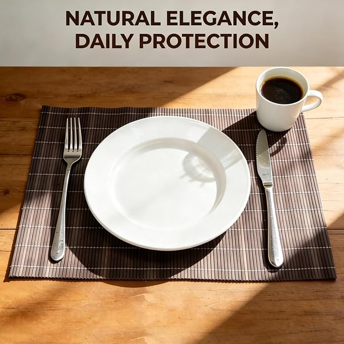 8-Pack Natural Bamboo Placemats Set - Reusable Rectangular Heat Resistant Table Mats for Everyday Use, Camping, Picnics, Party Decor - Easy to Clean & Store, Lightweight (Coffee)