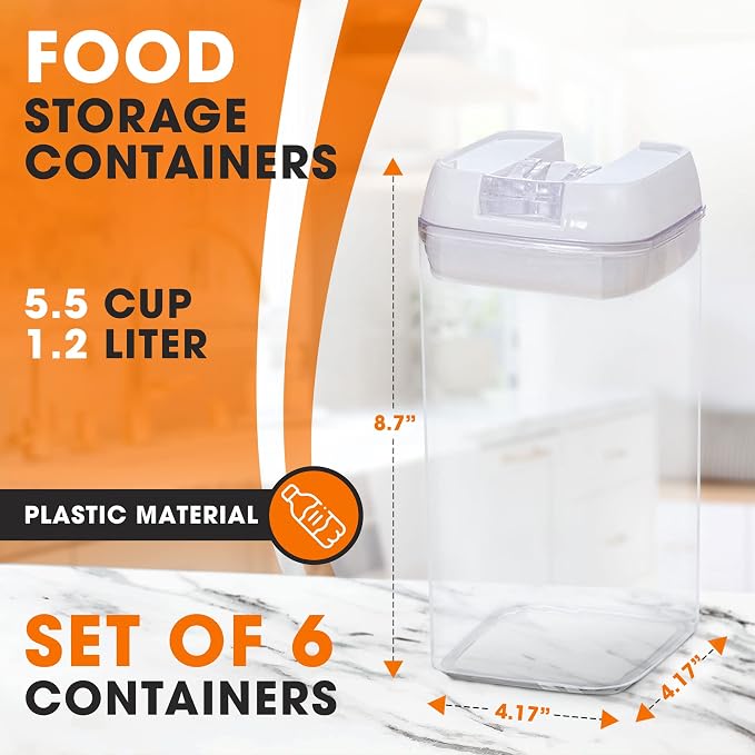 Set of 6 Airtight Food Storage Containers - Pantry Organizer Bins, BPA Free Plastic Containers plus Dry Erase Marker and Labels, Pink