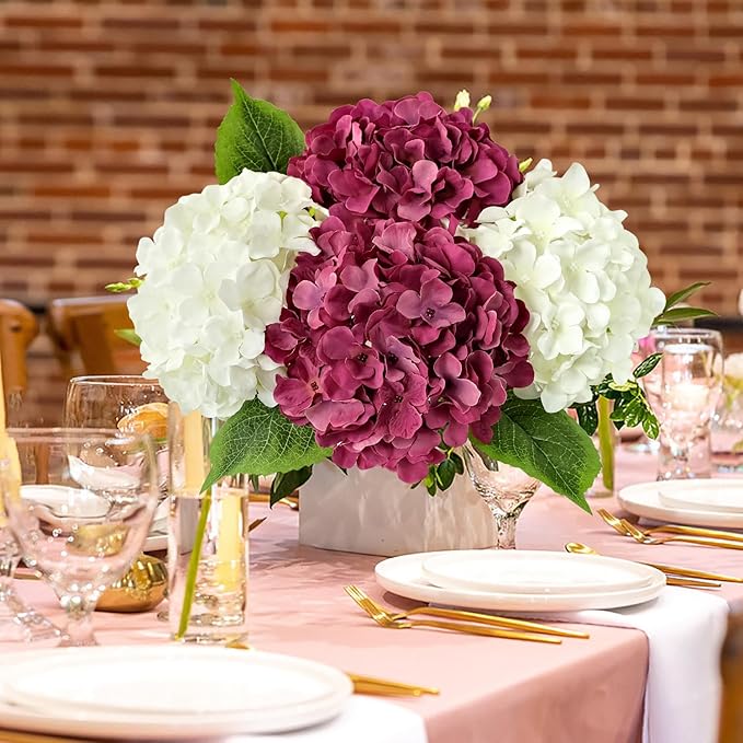 JINWOE Silk Hydrangea Artificial Flowers, 5Pcs 20Inch Large Lifelike Silk Artificial Hydrangeas, Full Fake Flowers for Bouquet Table Centerpieces Wedding Indoor Home (Majestic Purple)