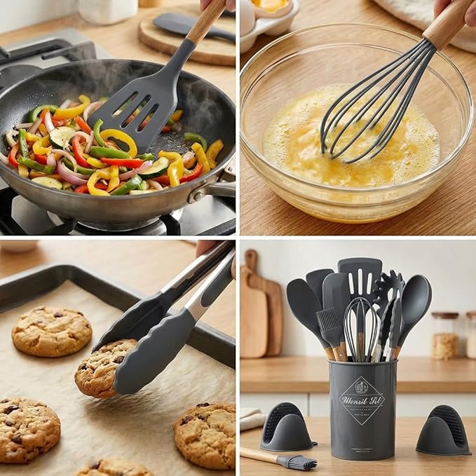 Silicone Cooking Utensils Set, Kitchen Utensils for Cooking with Holder, Wooden Handle Silicone Utensils Spatula Set, Heat Resistant, BPA Free, Non Toxic Kitchen Gadgets, Gray