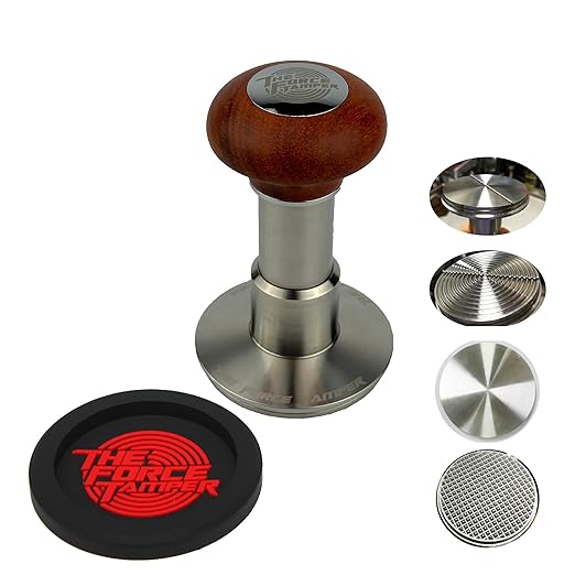 KuGuo The Force Tamper Automatic Impact Adjustable Constant Pressure and Autoleveling Coffee Tamper Reddish Brown Jellyfish Wooden Handle Set Pro (TRI-Distribute Set, 58.35mm)