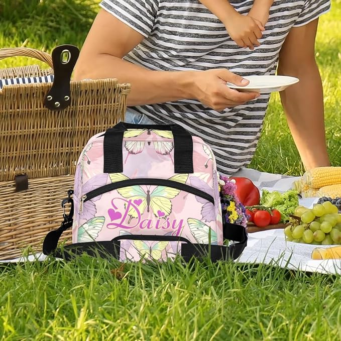Personalized Butterfly Lunch-Bag for Women, Custom Insulated Cooler Lunch Box with Name, Leakproof-Reusable Lunch Tote Bag for Work Office Picnic - Pink Purple