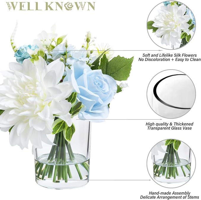 WELL KNOWN Artificial Flowers in Glass Vase with Fake Water, Silk Rose Dahlia Peony Flower Bouquet for Home Dining Coffee Table Office Hotel Wedding Party Lavatory Decor & Birthday Gift (Blue & White)
