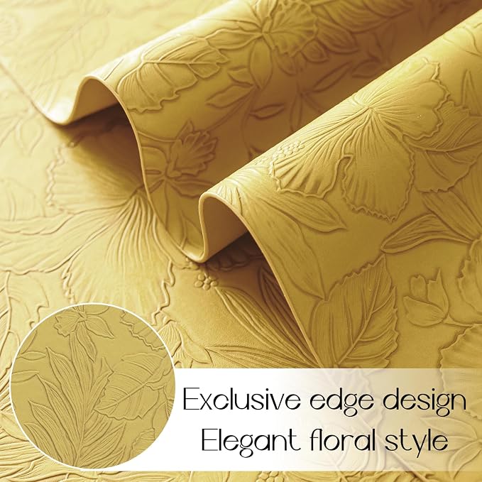 Romanstile Vinyl Placemats Set of 8-12 X 17 Inch - Heat Resistant Non-Slip Embossed Floral Place Mats 100% Waterproof Oilproof Wipeable Faux Leather Table Mats for Kitchen/Dining/Party, Yellow