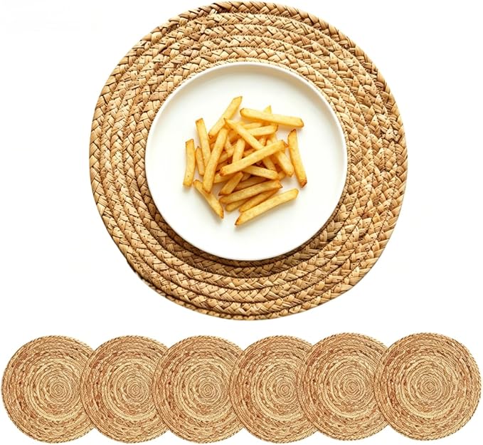 UNZTMH®13.5 Inch Round Braided Placemats Set of 6 | Natural Water Hyacinth, Rattan & Jute Woven Mats | Heat Resistant Non-Slip for Kitchen, Dining, Party & Holiday Decor