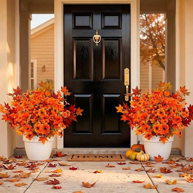 10Pcs Artificial Fall Flowers Outdoor UV Resistant, Faux Mums Orange Silk Flowers with 3-Tone Maple Leaves for Porch Planters, Thanksgiving Autumn Harvest Decor, 14 Inch